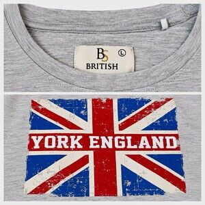 British Gray Short Sleeve Crew Neck T-Shirt Mens L York England Union Jack Flag